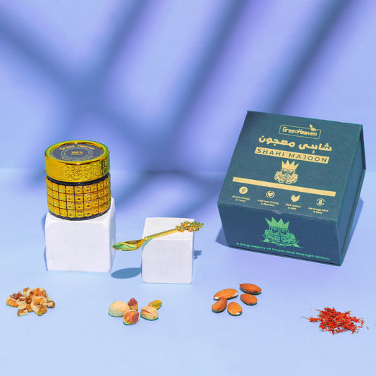 Shahi Magoon product with packaging and ingredients on a blue background