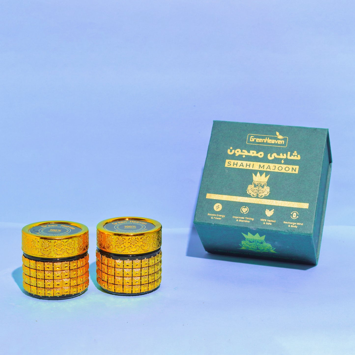 Two yellow containers with a green box labeled 'Green Heaven' on a blue background