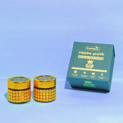 Two yellow containers with a green box labeled 'Green Heaven' on a blue background